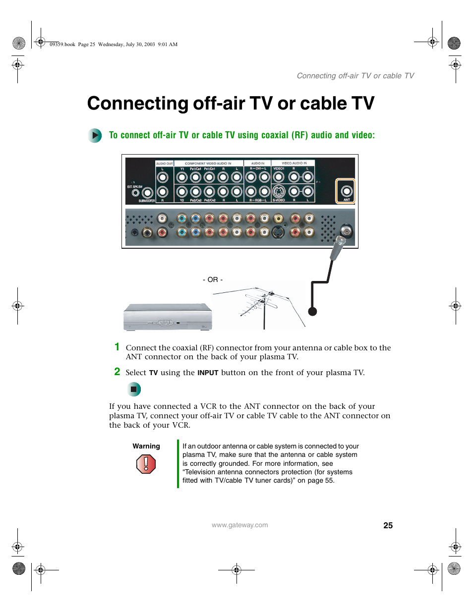 Connecting off-air tv or cable tv | Gateway Flat Panel Television User Manual | Page 29 / 68