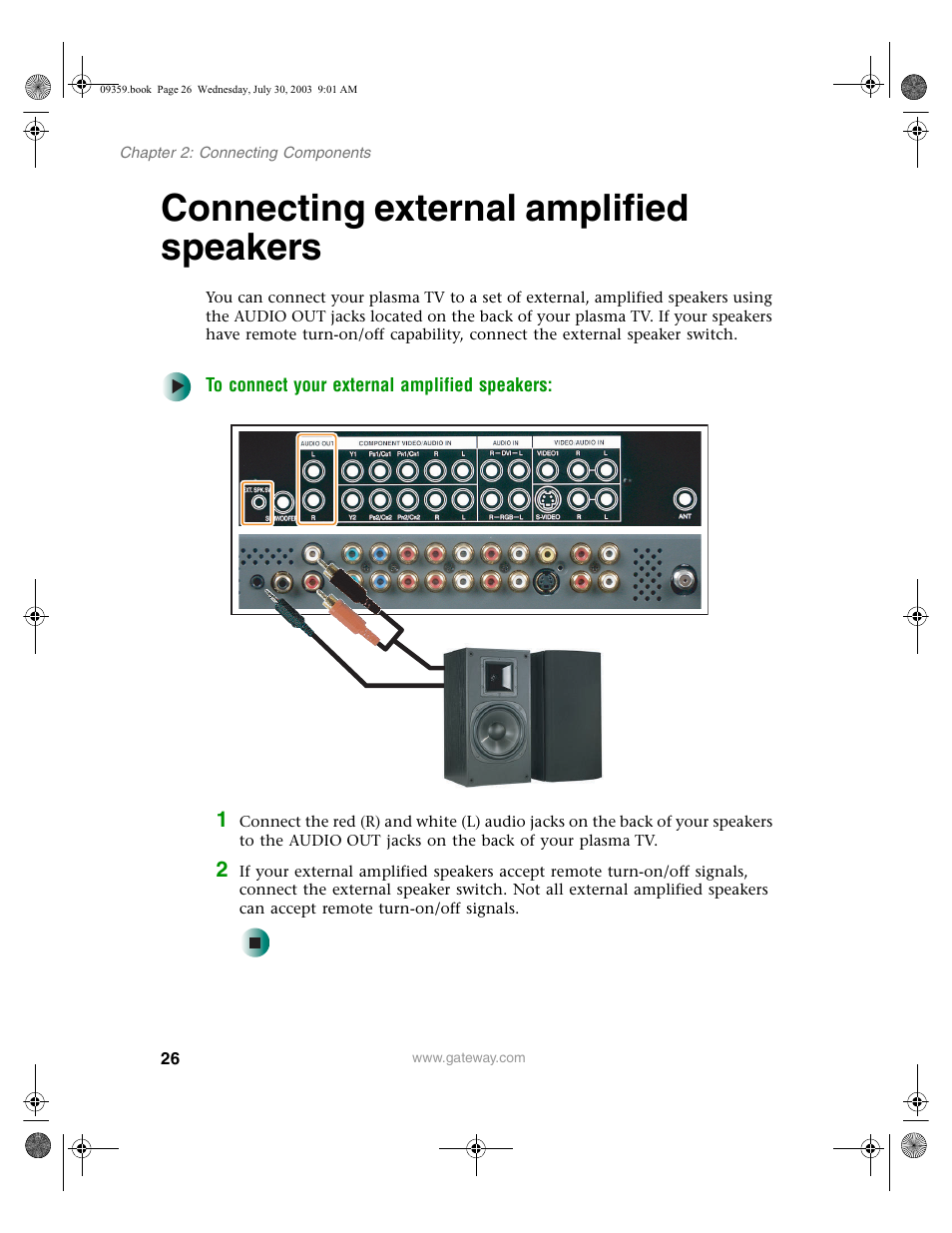 Connecting external amplified speakers, To connect your external amplified speakers | Gateway Flat Panel Television User Manual | Page 30 / 68