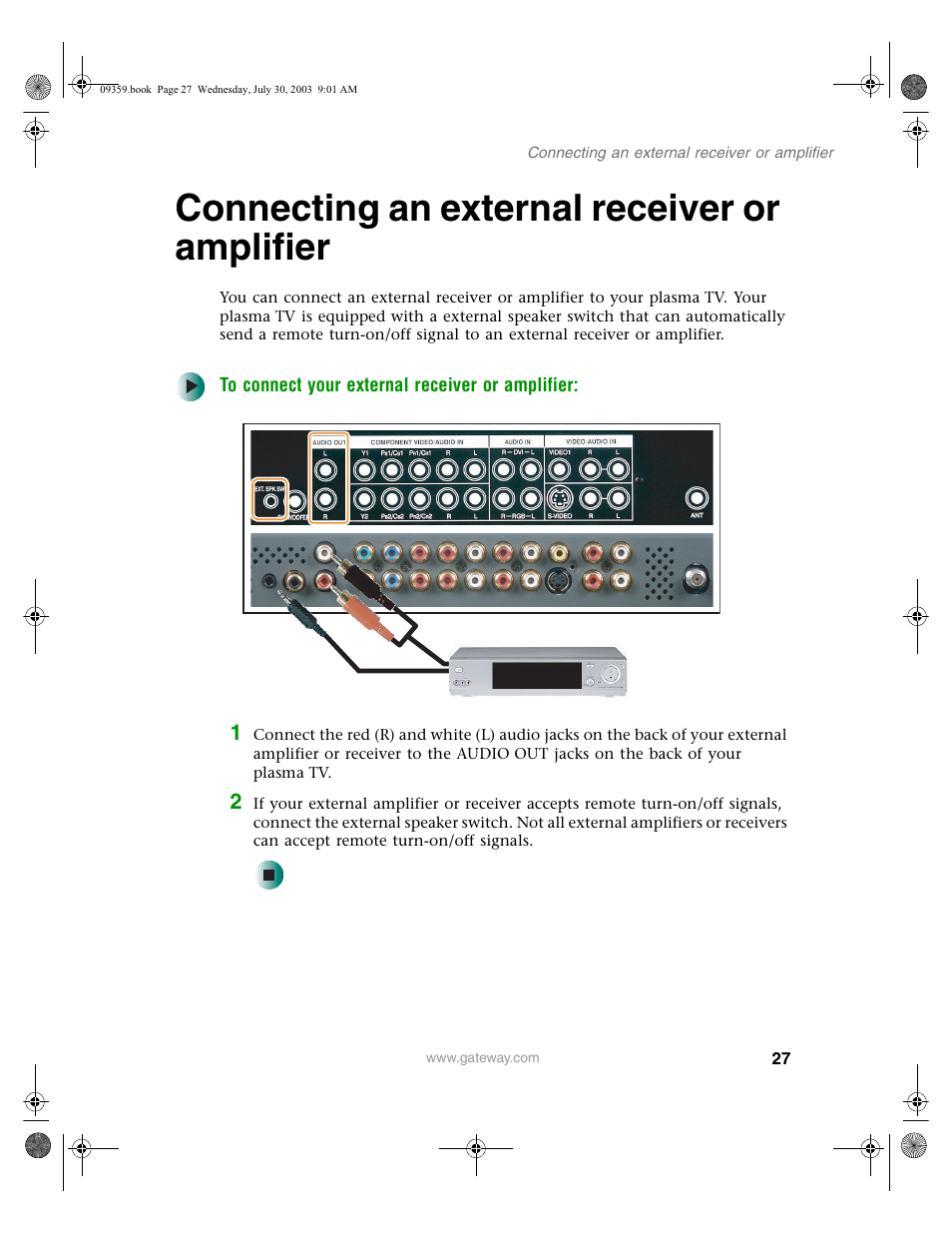 Connecting an external receiver or amplifier, To connect your external receiver or amplifier | Gateway Flat Panel Television User Manual | Page 31 / 68