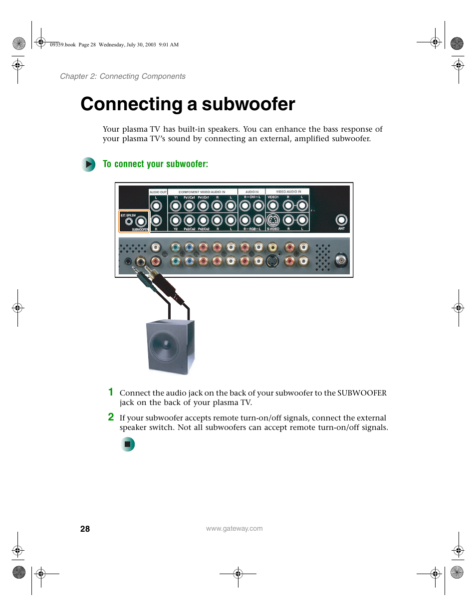 Connecting a subwoofer, To connect your subwoofer | Gateway Flat Panel Television User Manual | Page 32 / 68