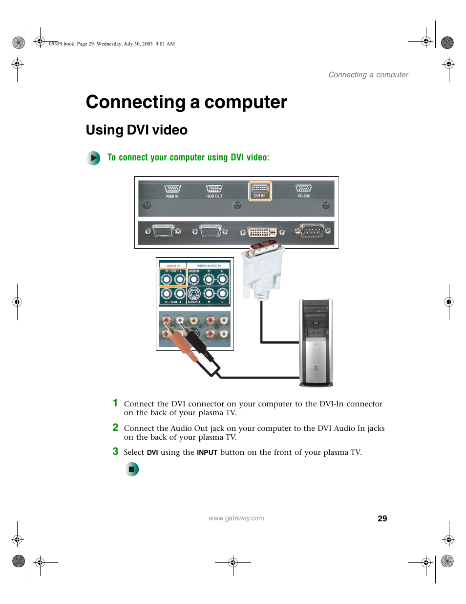 Connecting a computer, Using dvi video, To connect your computer using dvi video | Gateway Flat Panel Television User Manual | Page 33 / 68