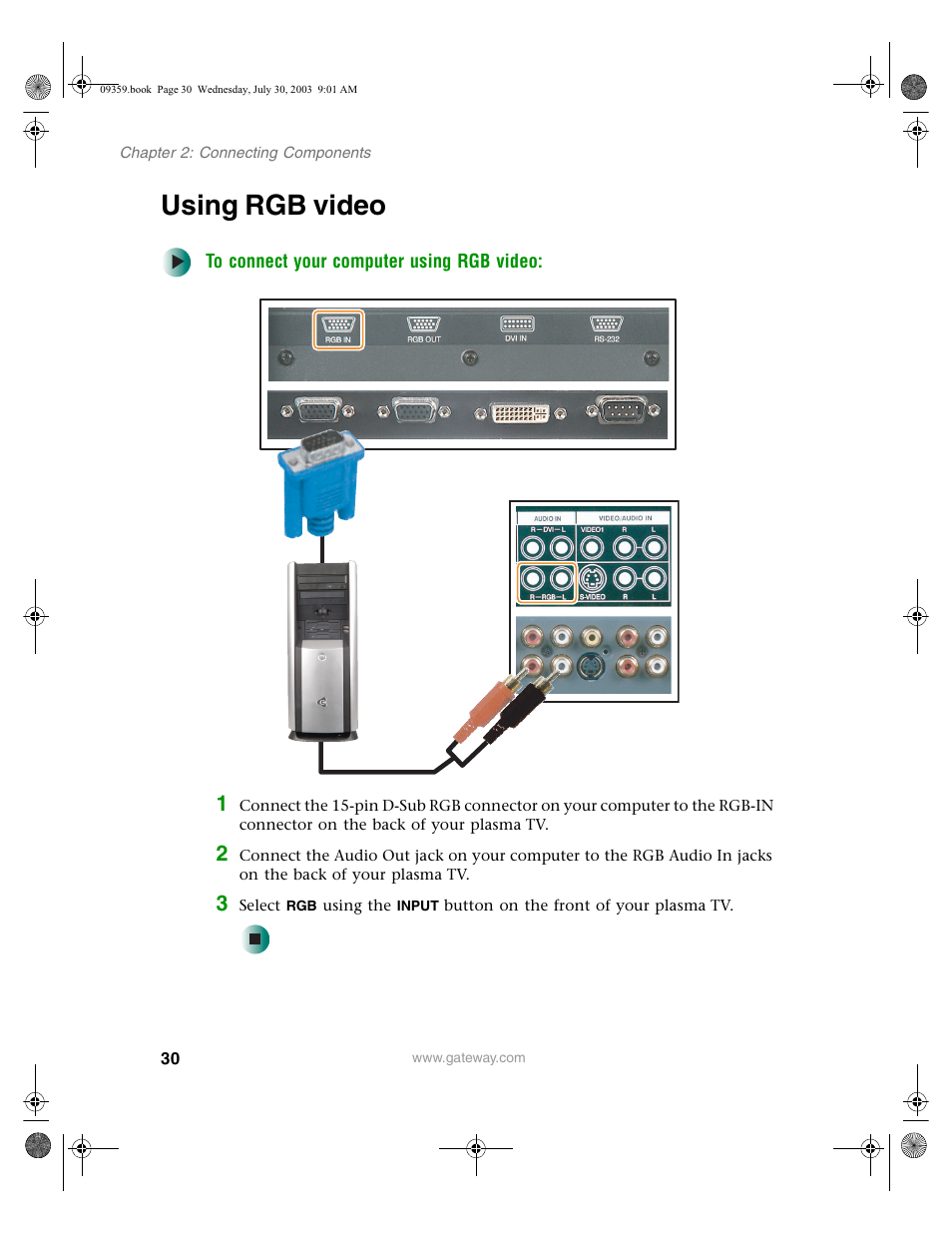 Using rgb video, To connect your computer using rgb video | Gateway Flat Panel Television User Manual | Page 34 / 68