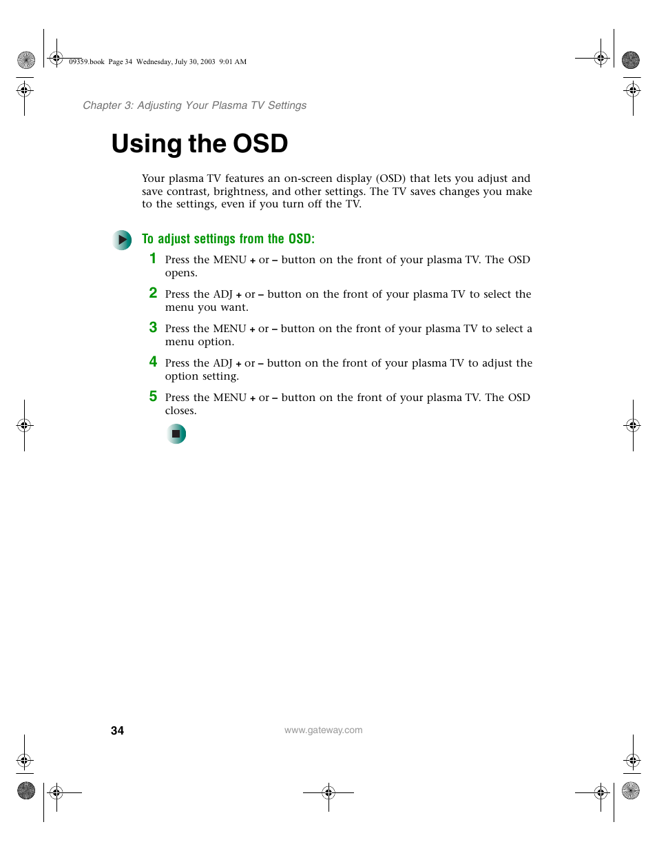 Using the osd, To adjust settings from the osd | Gateway Flat Panel Television User Manual | Page 38 / 68