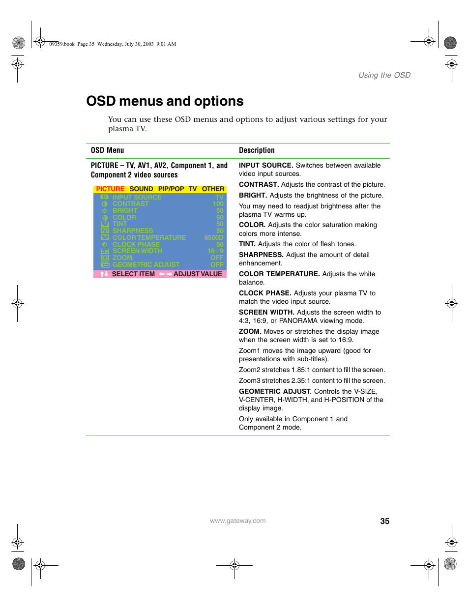 Osd menus and options | Gateway Flat Panel Television User Manual | Page 39 / 68