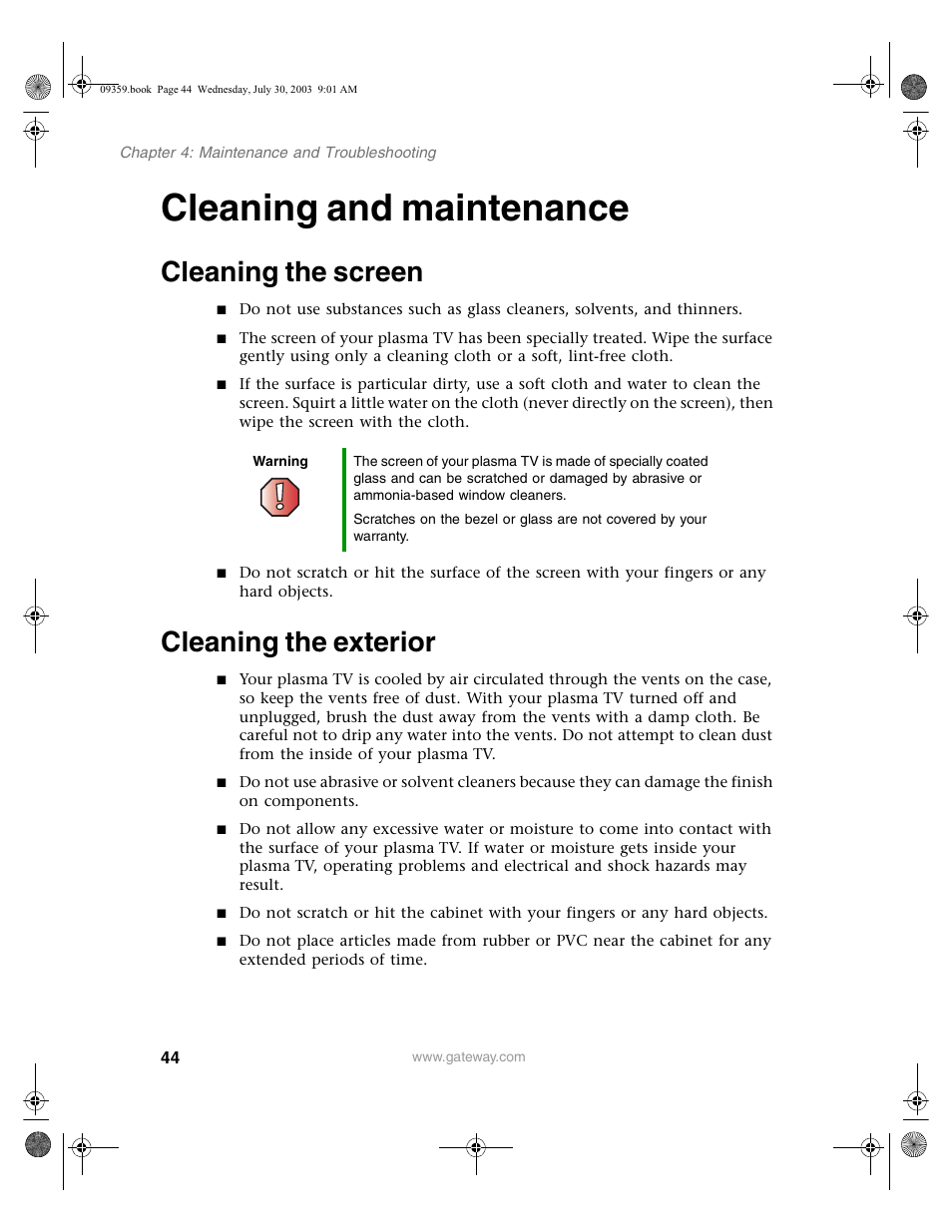 Cleaning and maintenance, Cleaning the screen, Cleaning the exterior | Cleaning the screen cleaning the exterior | Gateway Flat Panel Television User Manual | Page 48 / 68