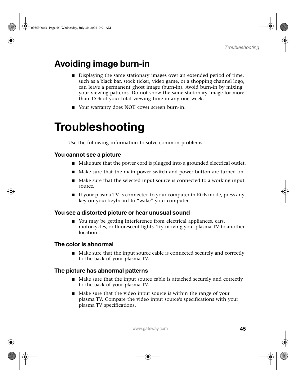 Avoiding image burn-in, Troubleshooting, You cannot see a picture | You see a distorted picture or hear unusual sound, The color is abnormal, The picture has abnormal patterns | Gateway Flat Panel Television User Manual | Page 49 / 68