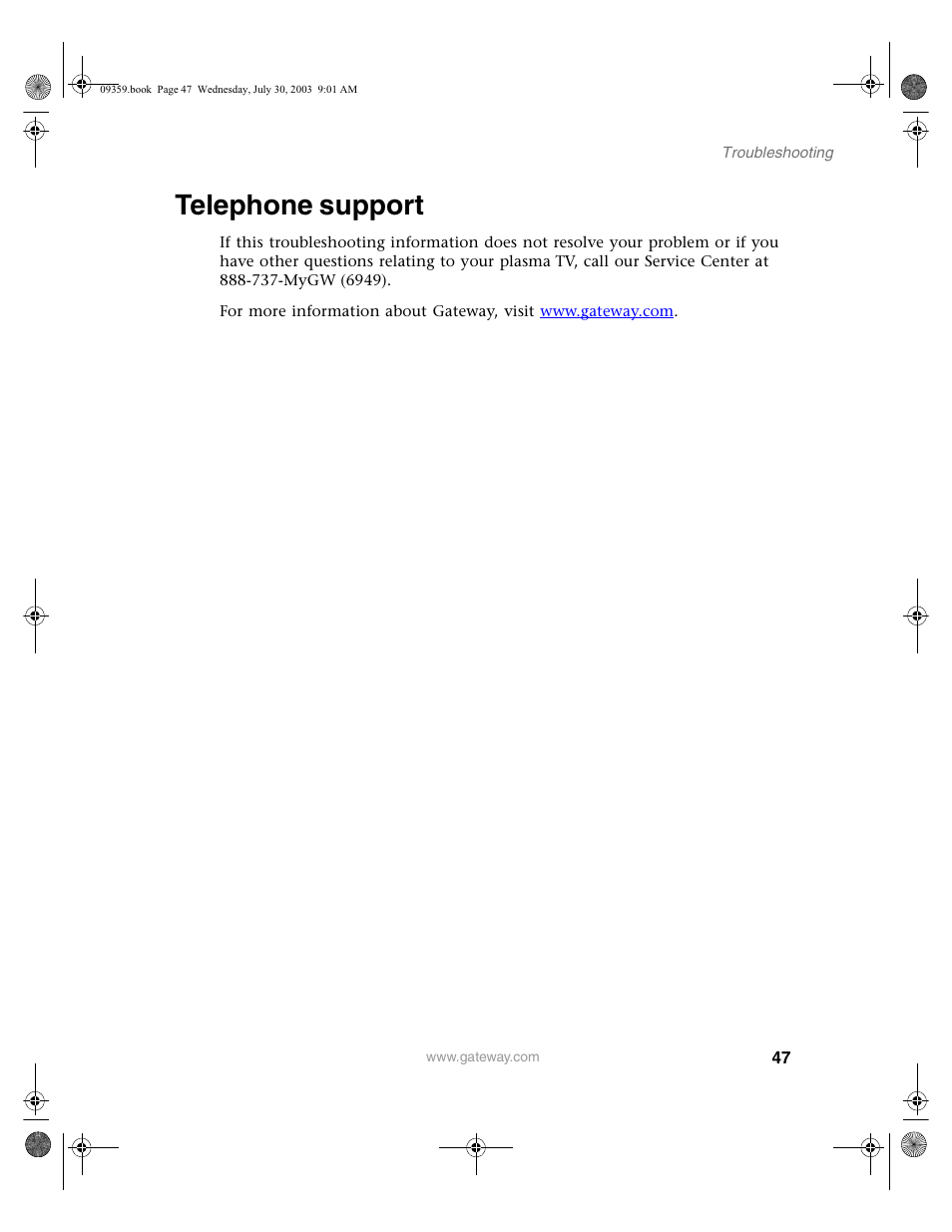 Telephone support | Gateway Flat Panel Television User Manual | Page 51 / 68