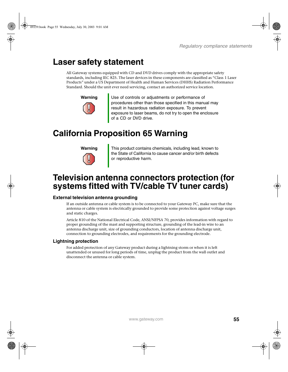 Laser safety statement | Gateway Flat Panel Television User Manual | Page 59 / 68