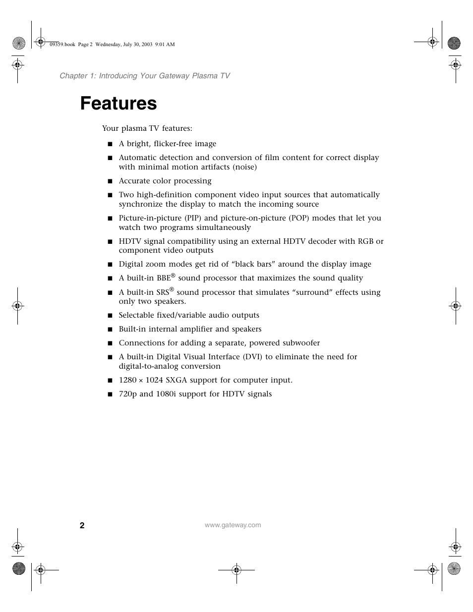 Features | Gateway Flat Panel Television User Manual | Page 6 / 68