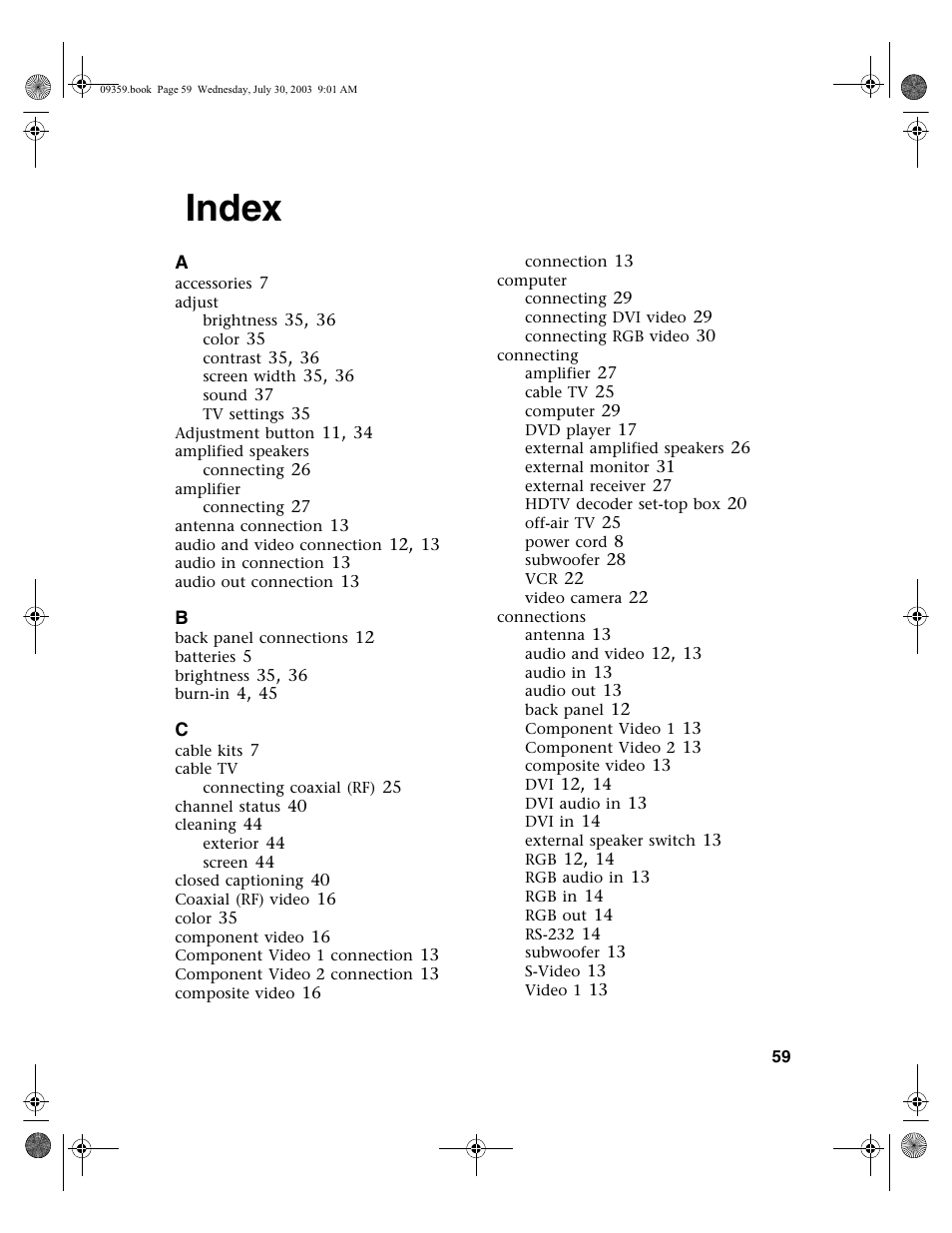 Index | Gateway Flat Panel Television User Manual | Page 63 / 68