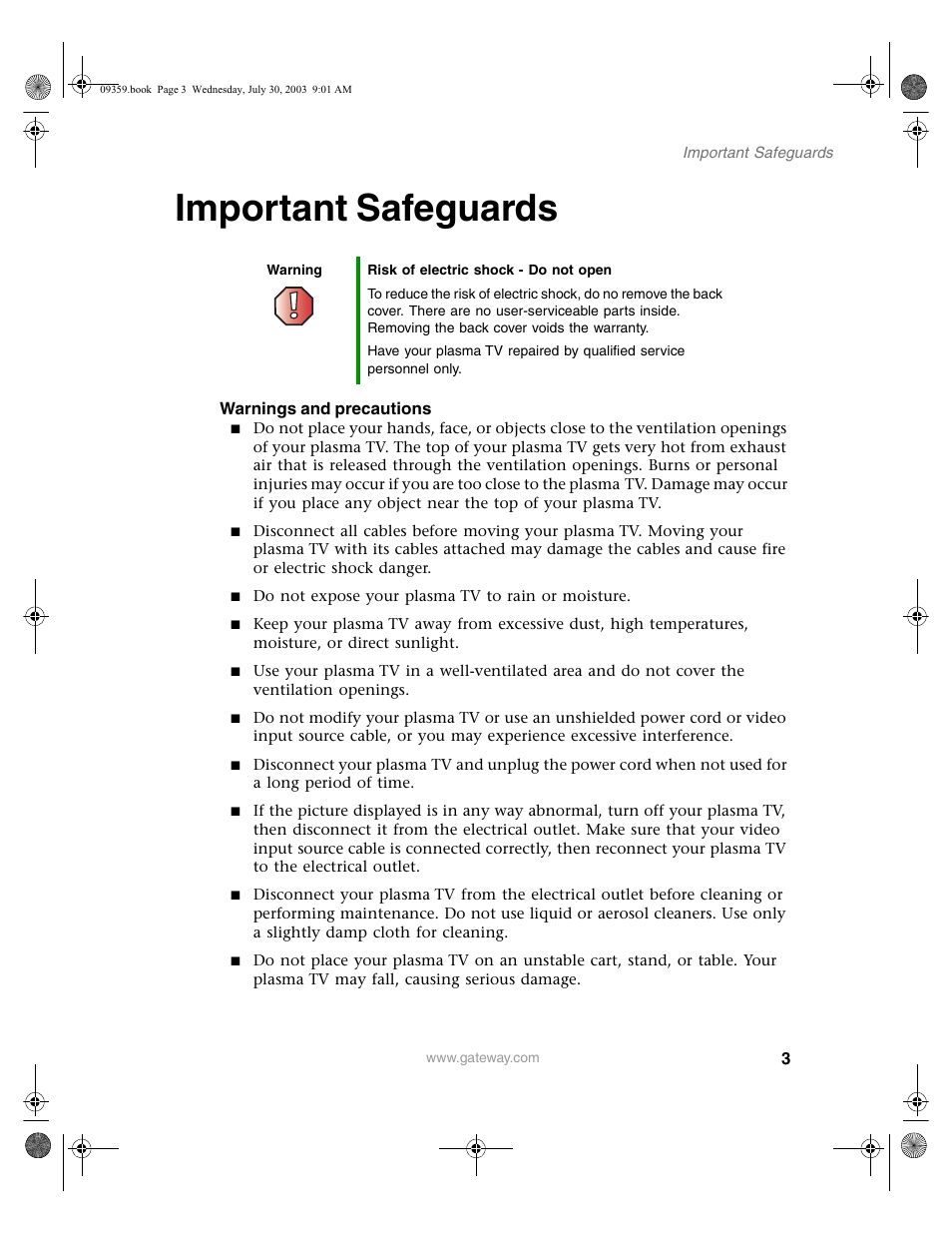 Important safeguards, Warnings and precautions | Gateway Flat Panel Television User Manual | Page 7 / 68