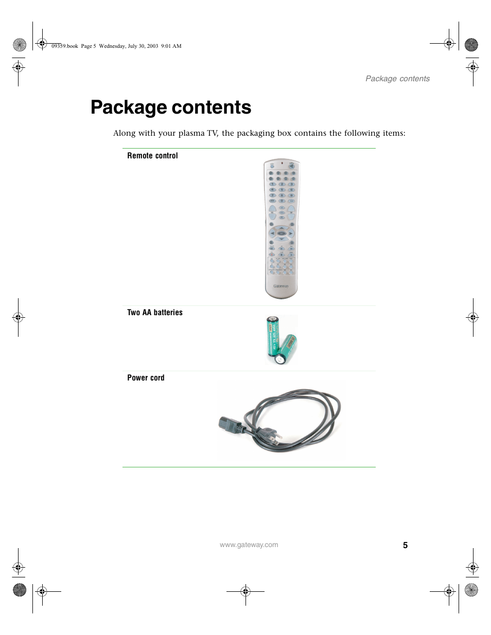 Package contents | Gateway Flat Panel Television User Manual | Page 9 / 68