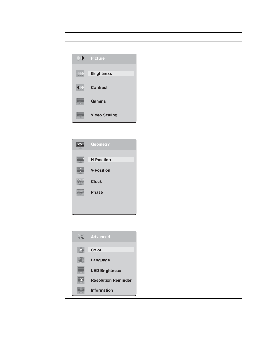 Picture menu, Geometry menu, Advanced menu | Gateway HD1700 User Manual | Page 12 / 26