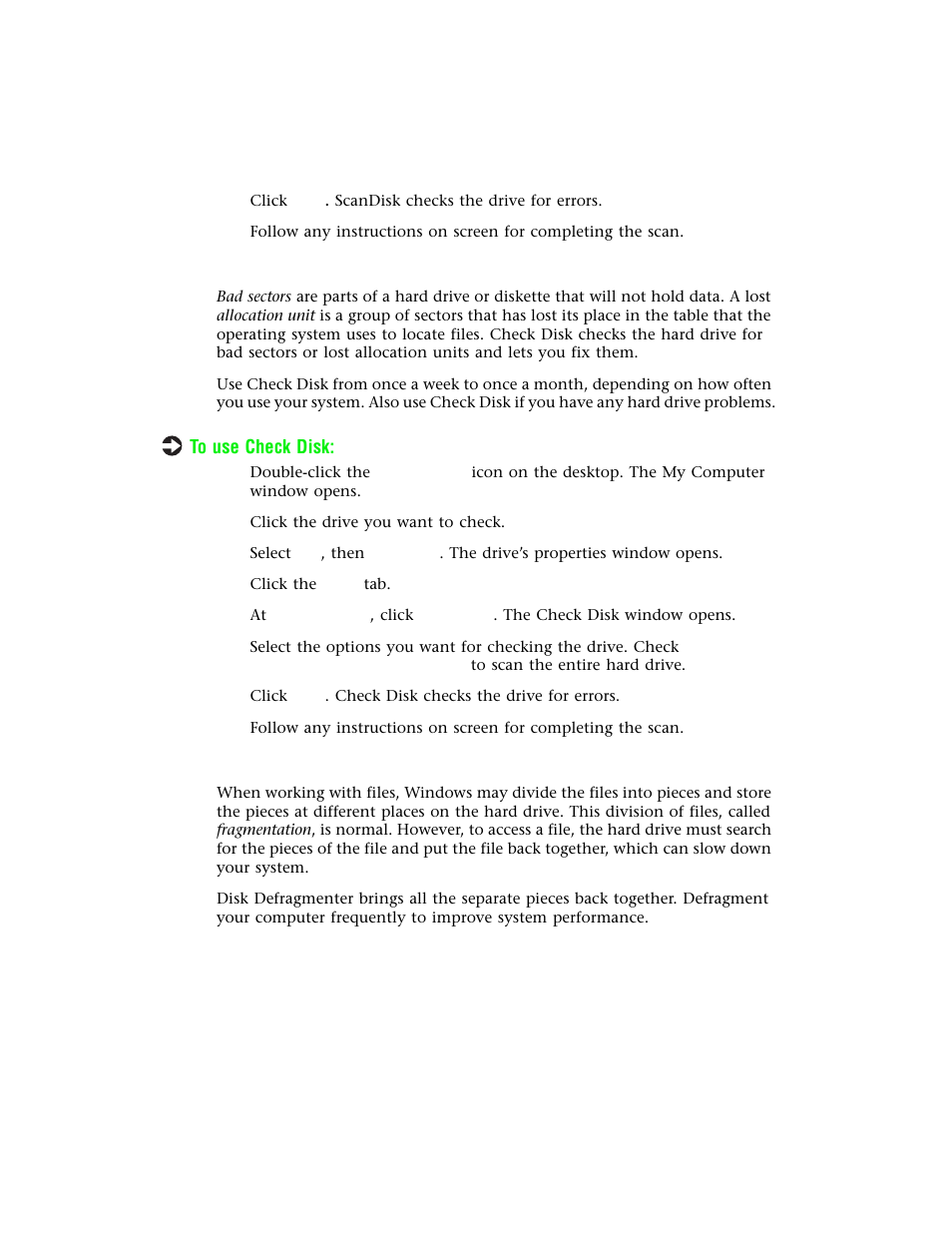 Using check disk in windowsnt, Using disk defragmenter in windows98 | Gateway E-4400 User Manual | Page 65 / 118