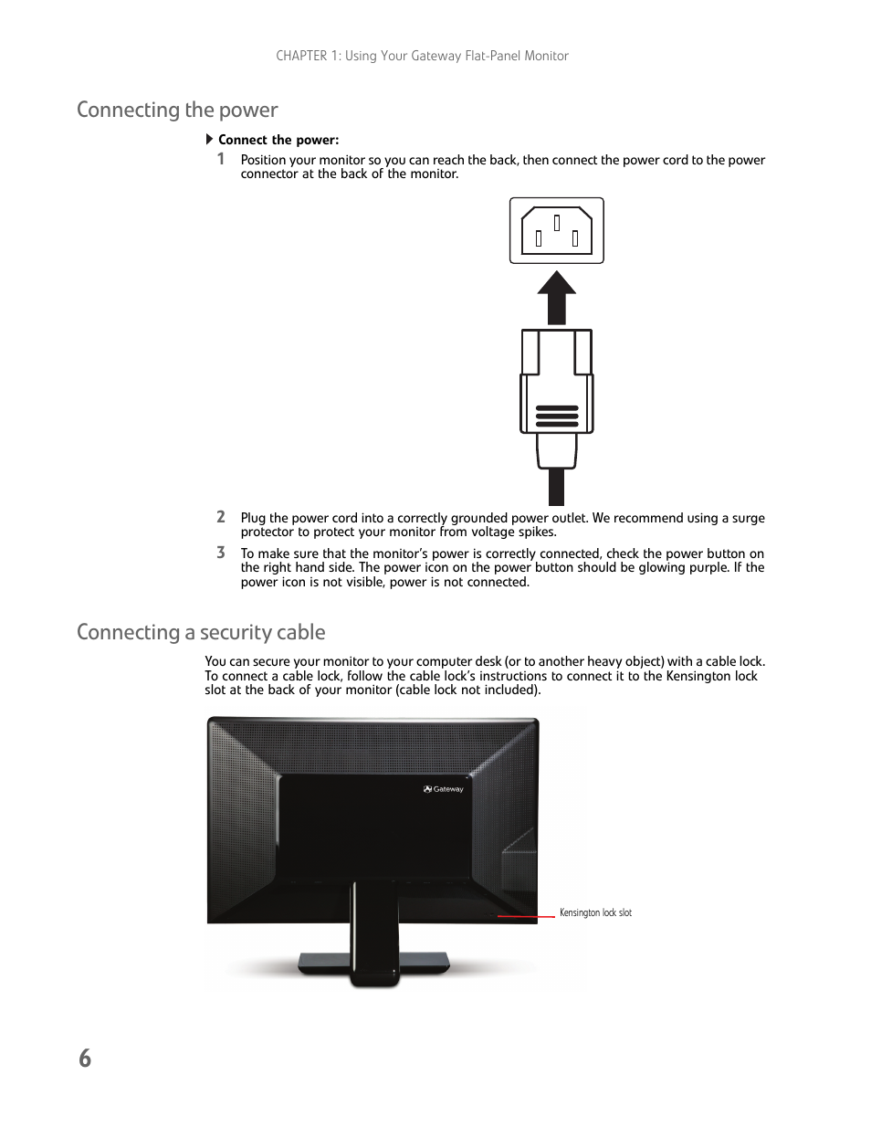 Connecting the power, Connect the power, Connecting a security cable | Connecting the power connecting a security cable | Gateway FHD2402 User Manual | Page 10 / 30