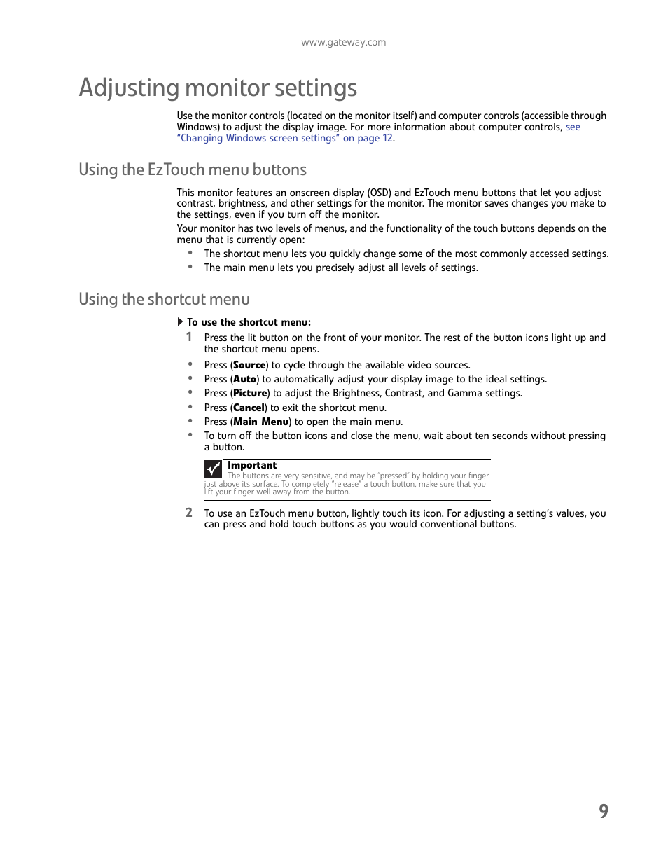 Adjusting monitor settings, Using the eztouch menu buttons, Using the shortcut menu | To use the shortcut menu | Gateway FHD2402 User Manual | Page 13 / 30