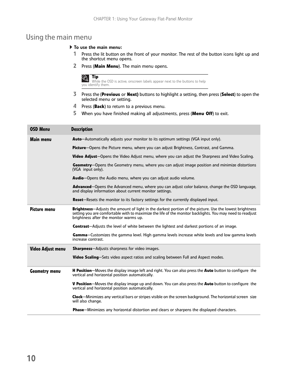 Using the main menu, To use the main menu | Gateway FHD2402 User Manual | Page 14 / 30