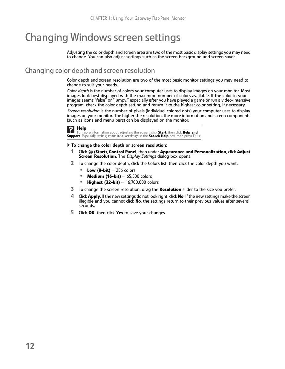 Changing windows screen settings, Changing color depth and screen resolution, To change the color depth or screen resolution | Changing | Gateway FHD2402 User Manual | Page 16 / 30