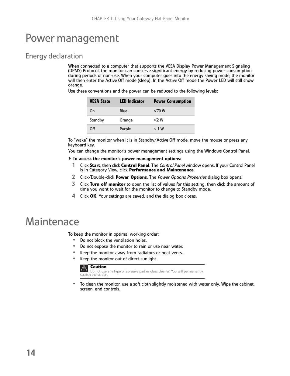 Power management, Energy declaration, To access the monitor’s power management options | Maintenace | Gateway FHD2402 User Manual | Page 18 / 30