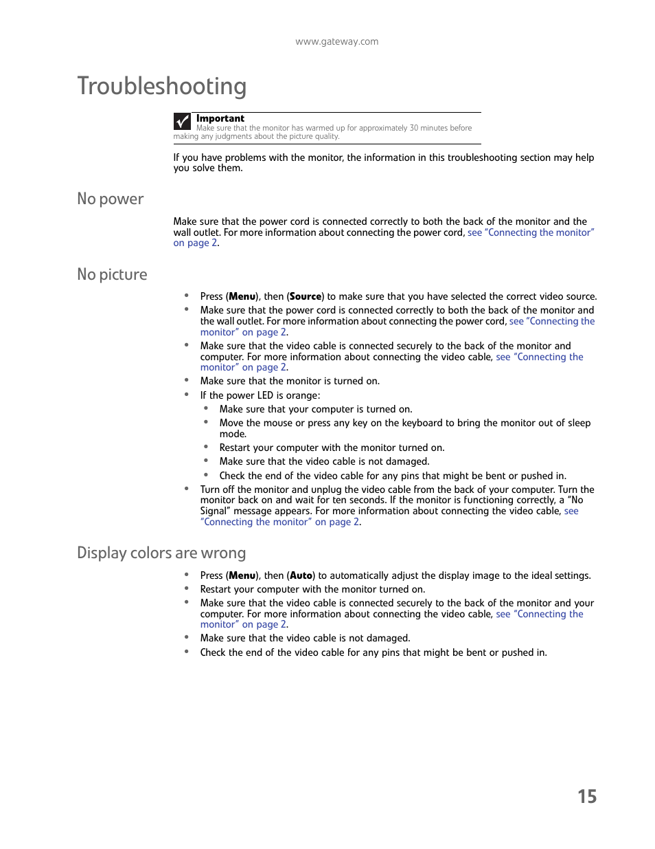 Troubleshooting, No power, No picture | Display colors are wrong, No power no picture display colors are wrong | Gateway FHD2402 User Manual | Page 19 / 30