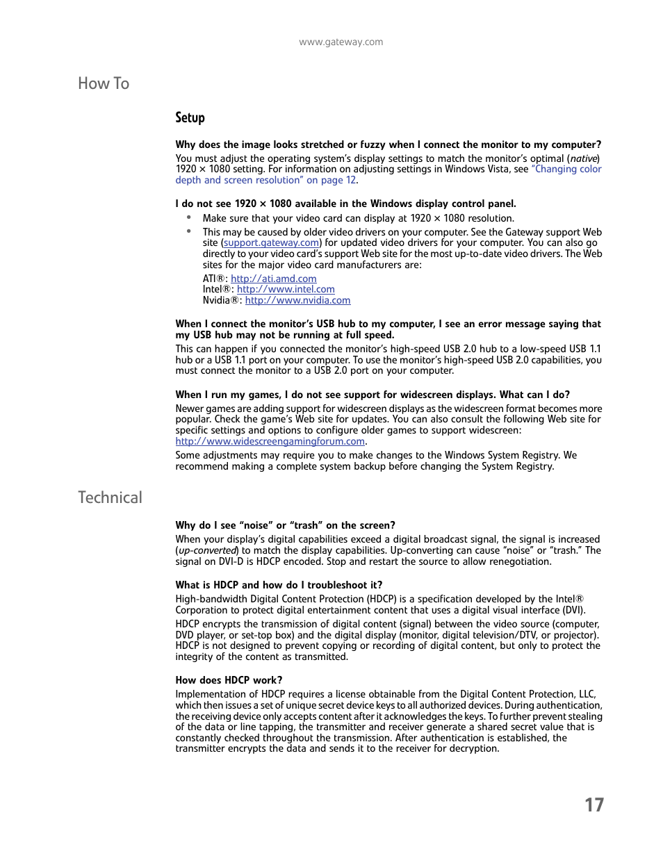 How to, Setup, Technical | Why do i see “noise” or “trash” on the screen, What is hdcp and how do i troubleshoot it, How does hdcp work, How to technical | Gateway FHD2402 User Manual | Page 21 / 30