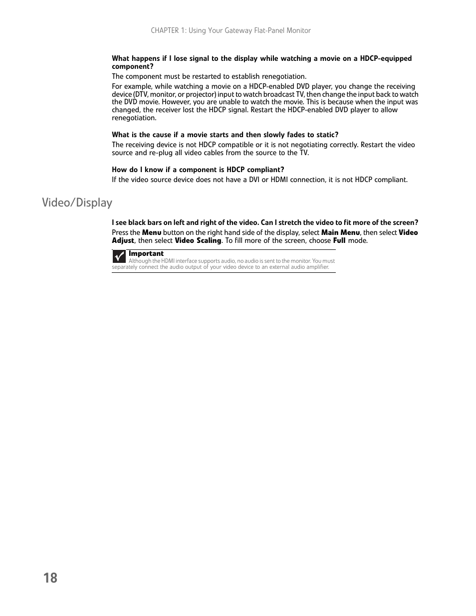 How do i know if a component is hdcp compliant, Video/display | Gateway FHD2402 User Manual | Page 22 / 30