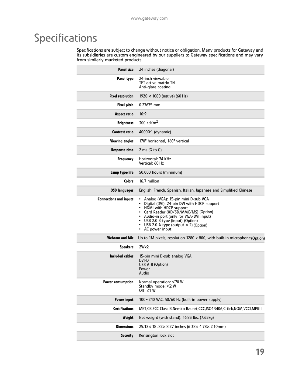 Specifications | Gateway FHD2402 User Manual | Page 23 / 30