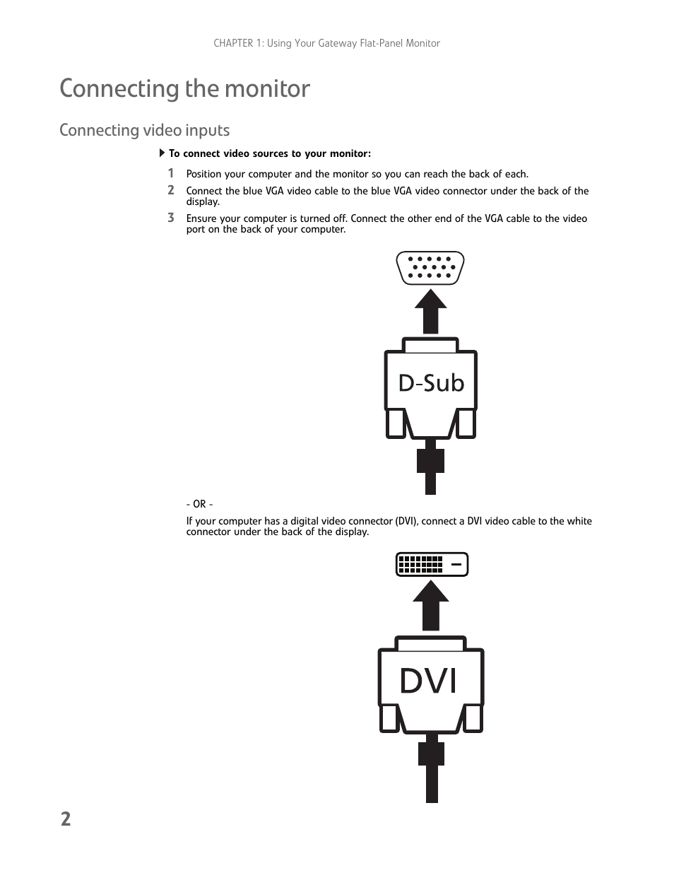 Connecting the monitor, Connecting video inputs, To connect video sources to your monitor | Gateway FHD2402 User Manual | Page 6 / 30