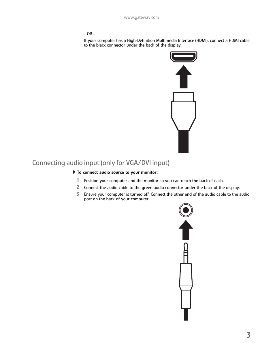 Connecting audio input (only for vga/dvi input), To connect audio source to your monitor | Gateway FHD2402 User Manual | Page 7 / 30