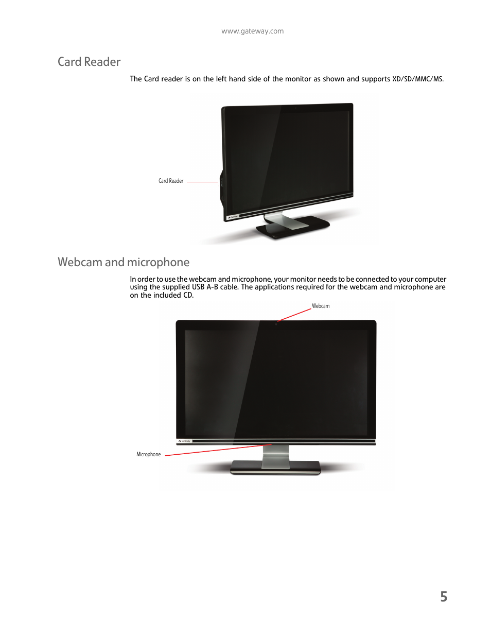 Card reader, Webcam and microphone, Card reader webcam and microphone | Option) | Gateway FHD2402 User Manual | Page 9 / 30