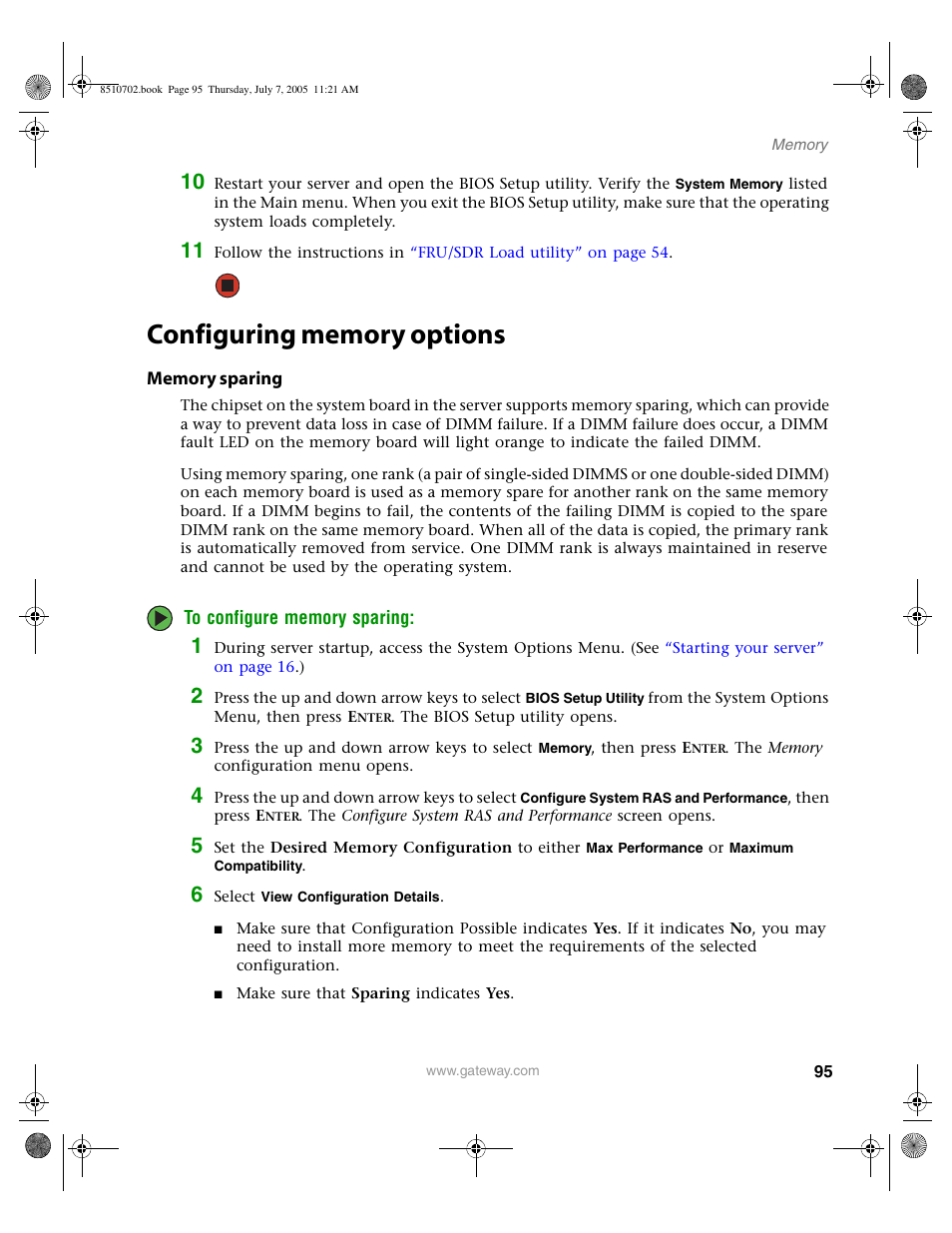 Configuring memory options, Memory sparing | Gateway 9715 User Manual | Page 100 / 278