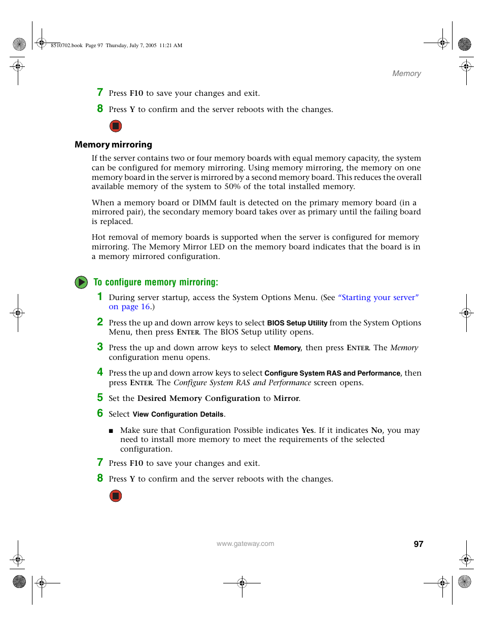 Memory mirroring | Gateway 9715 User Manual | Page 102 / 278