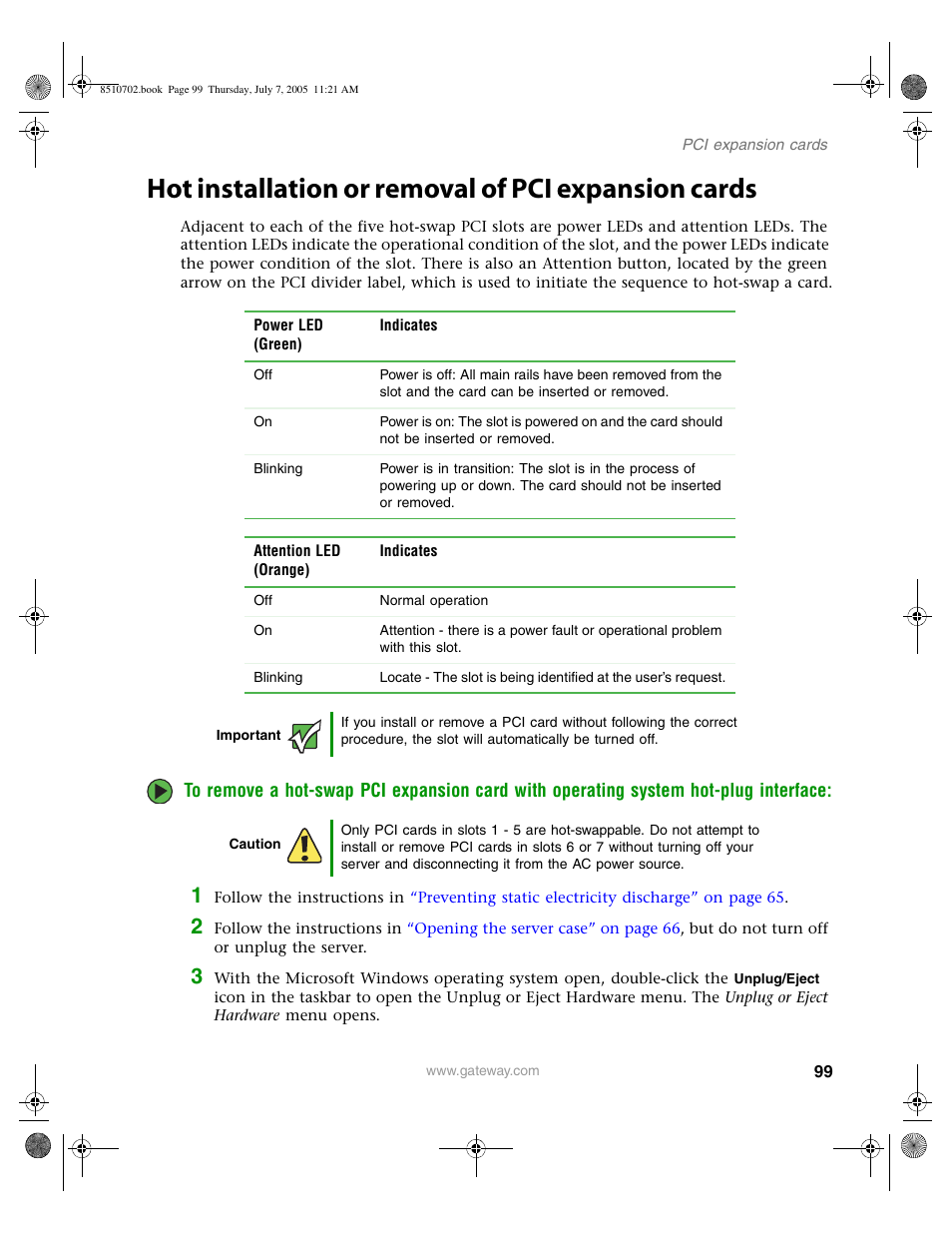 Hot installation or removal of pci expansion cards | Gateway 9715 User Manual | Page 104 / 278