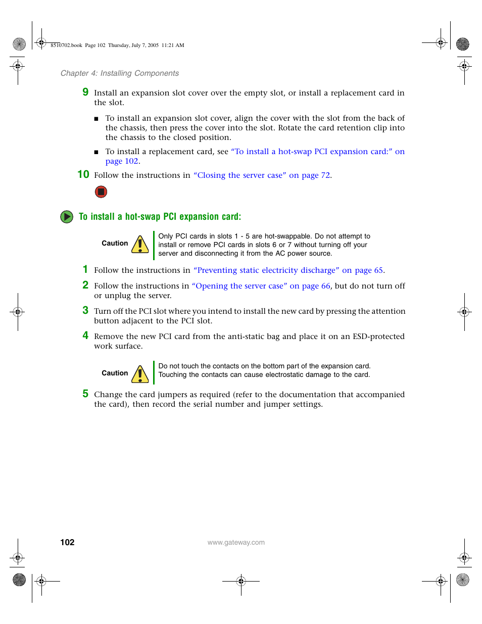 To install a hot-swap pci expansion card:” on | Gateway 9715 User Manual | Page 107 / 278