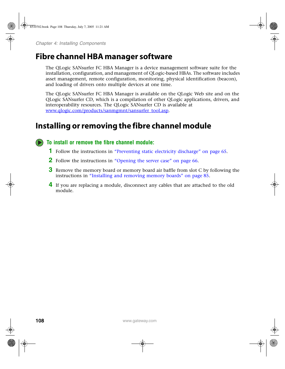 Fibre channel hba manager software, Installing or removing the fibre channel module | Gateway 9715 User Manual | Page 113 / 278