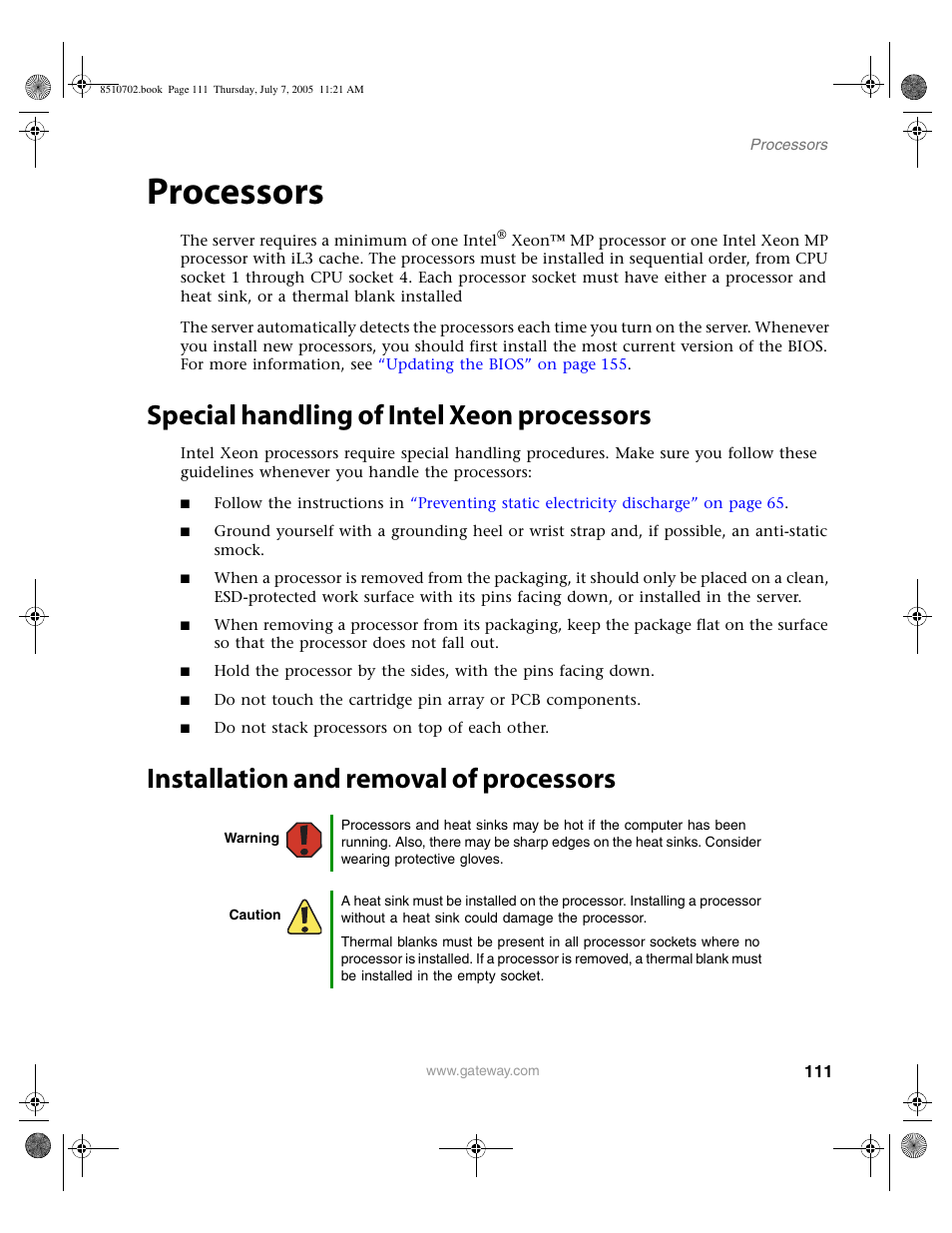 Processors, Special handling of intel xeon processors, Installation and removal of processors | Gateway 9715 User Manual | Page 116 / 278