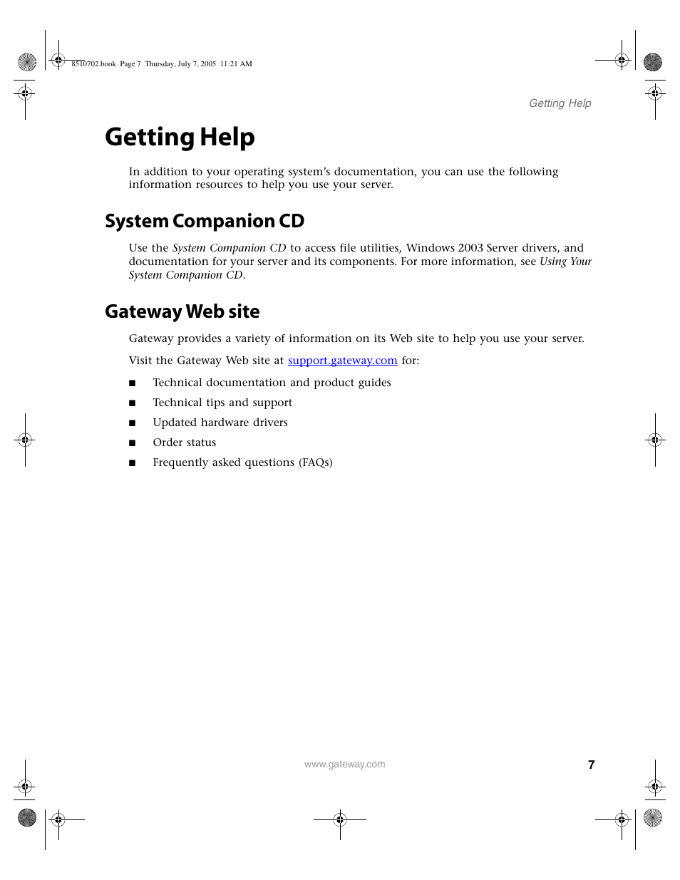 Getting help, System companion cd, Gateway web site | System companion cd gateway web site | Gateway 9715 User Manual | Page 12 / 278