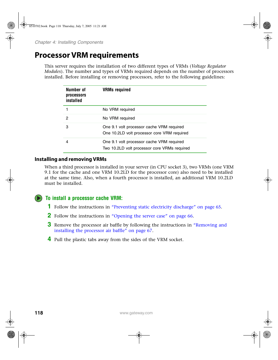 Processor vrm requirements, Installing and removing vrms | Gateway 9715 User Manual | Page 123 / 278