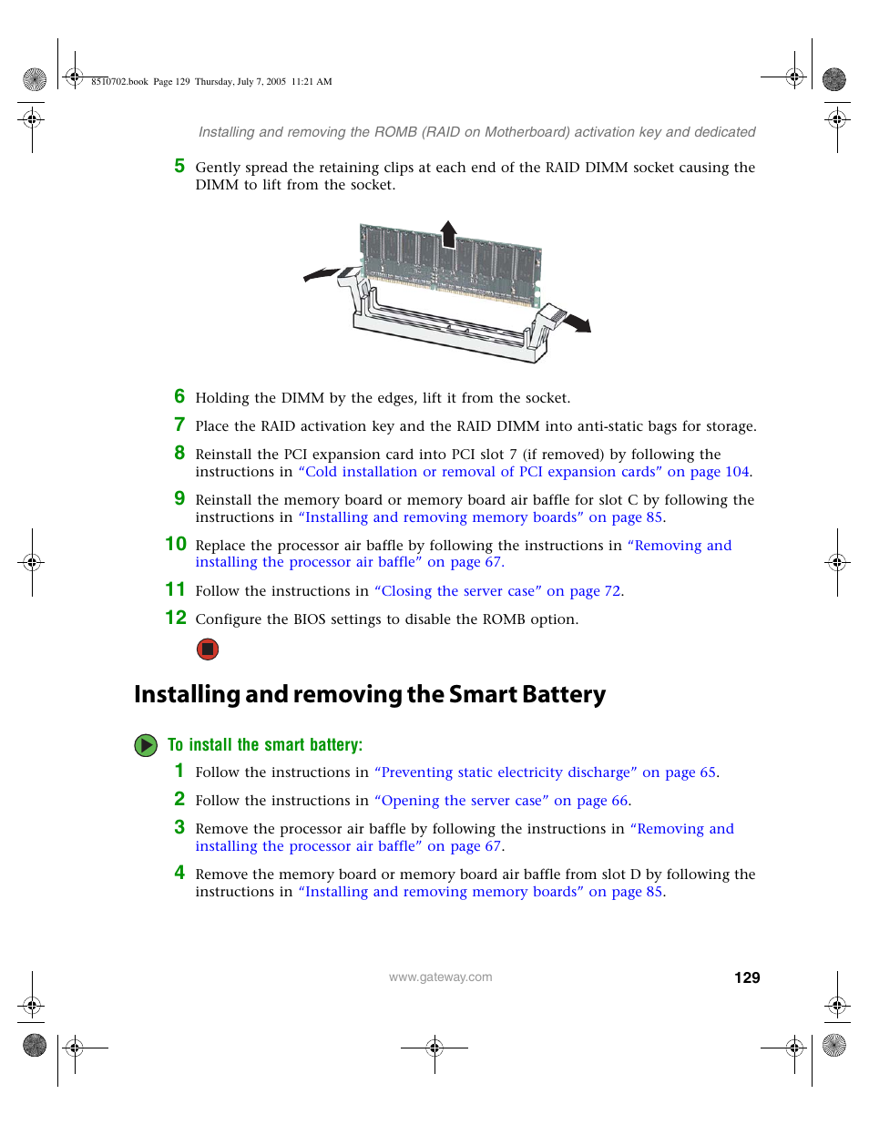 Installing and removing the smart battery, Installing and removing the smart battery” on | Gateway 9715 User Manual | Page 134 / 278