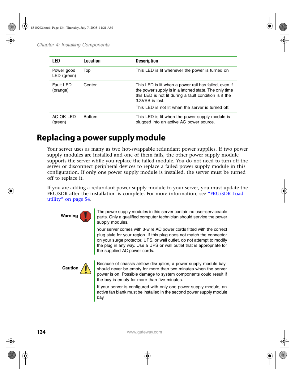 Replacing a power supply module | Gateway 9715 User Manual | Page 139 / 278