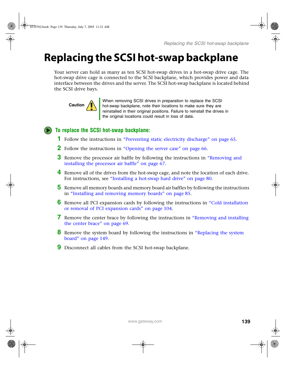 Replacing the scsi hot-swap backplane, Ions in, Replacing the scsi | Gateway 9715 User Manual | Page 144 / 278