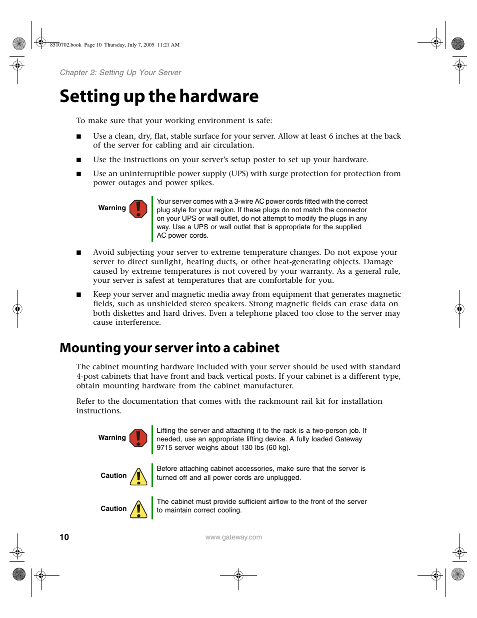 Setting up the hardware, Mounting your server into a cabinet | Gateway 9715 User Manual | Page 15 / 278