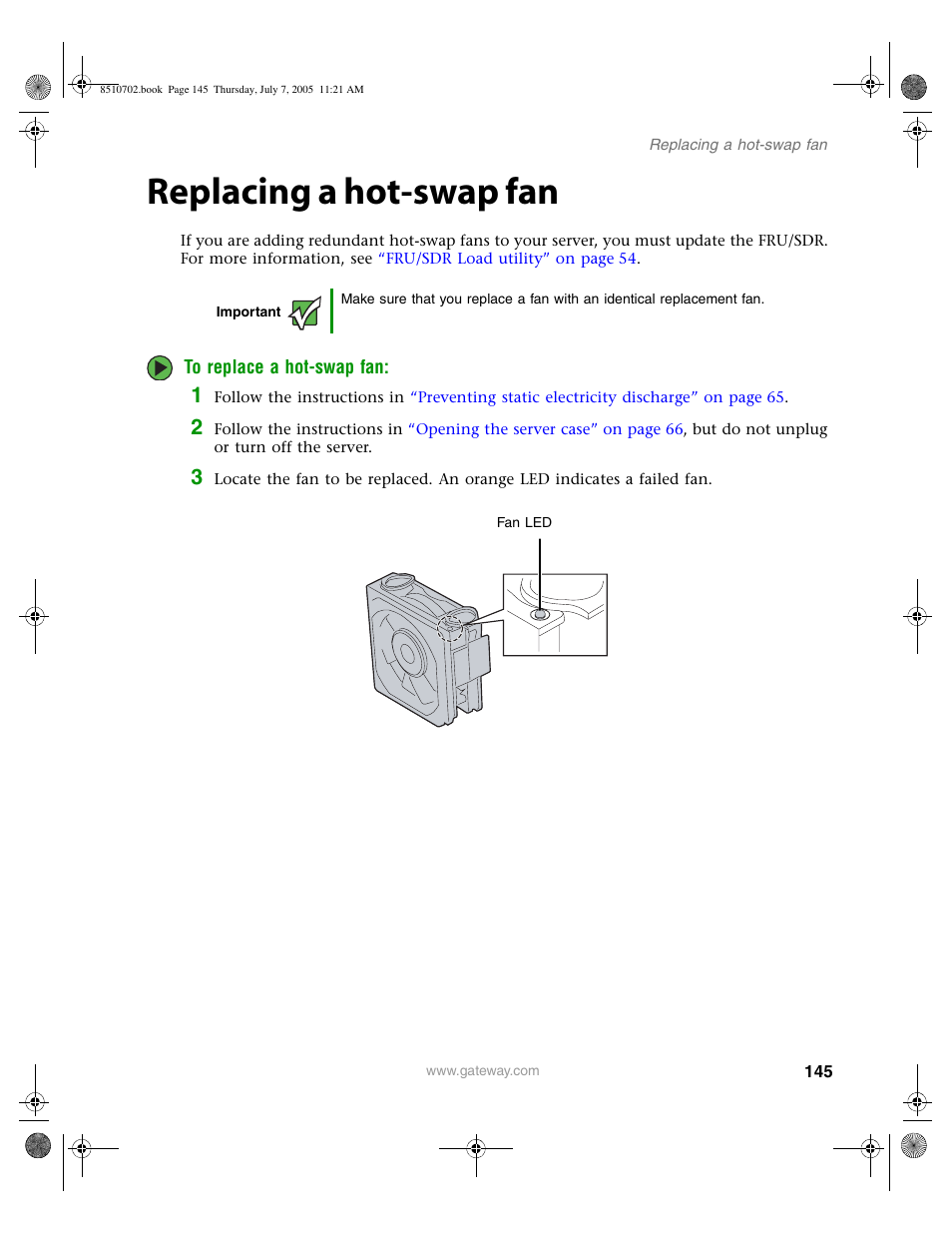 Replacing a hot-swap fan | Gateway 9715 User Manual | Page 150 / 278