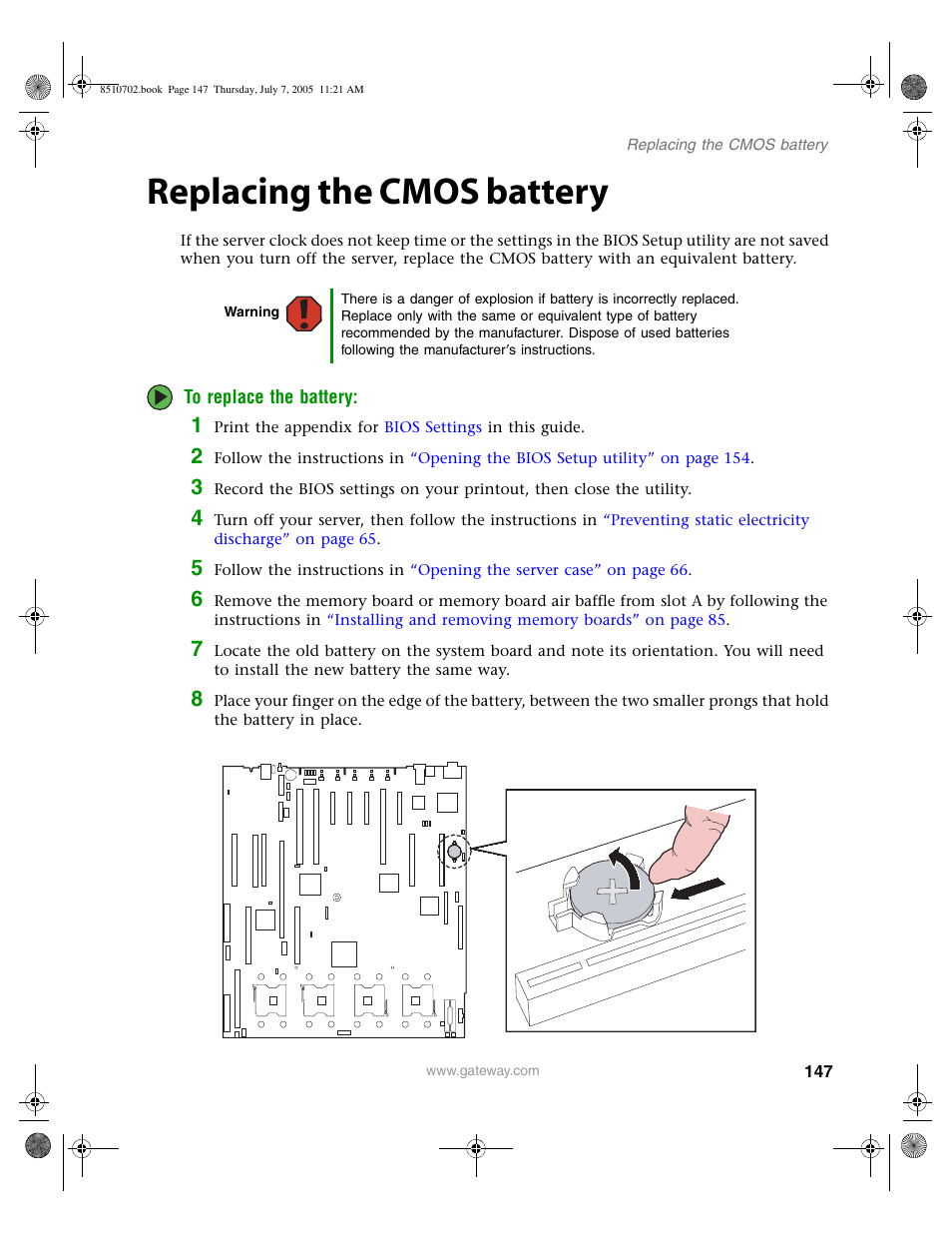 Replacing the cmos battery | Gateway 9715 User Manual | Page 152 / 278