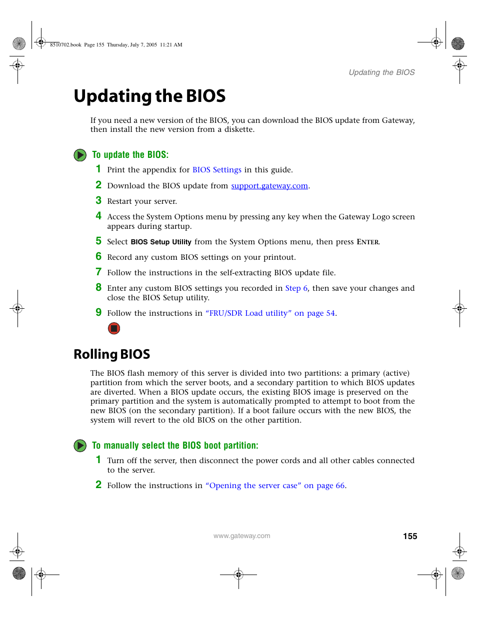 Updating the bios, Rolling bios | Gateway 9715 User Manual | Page 160 / 278