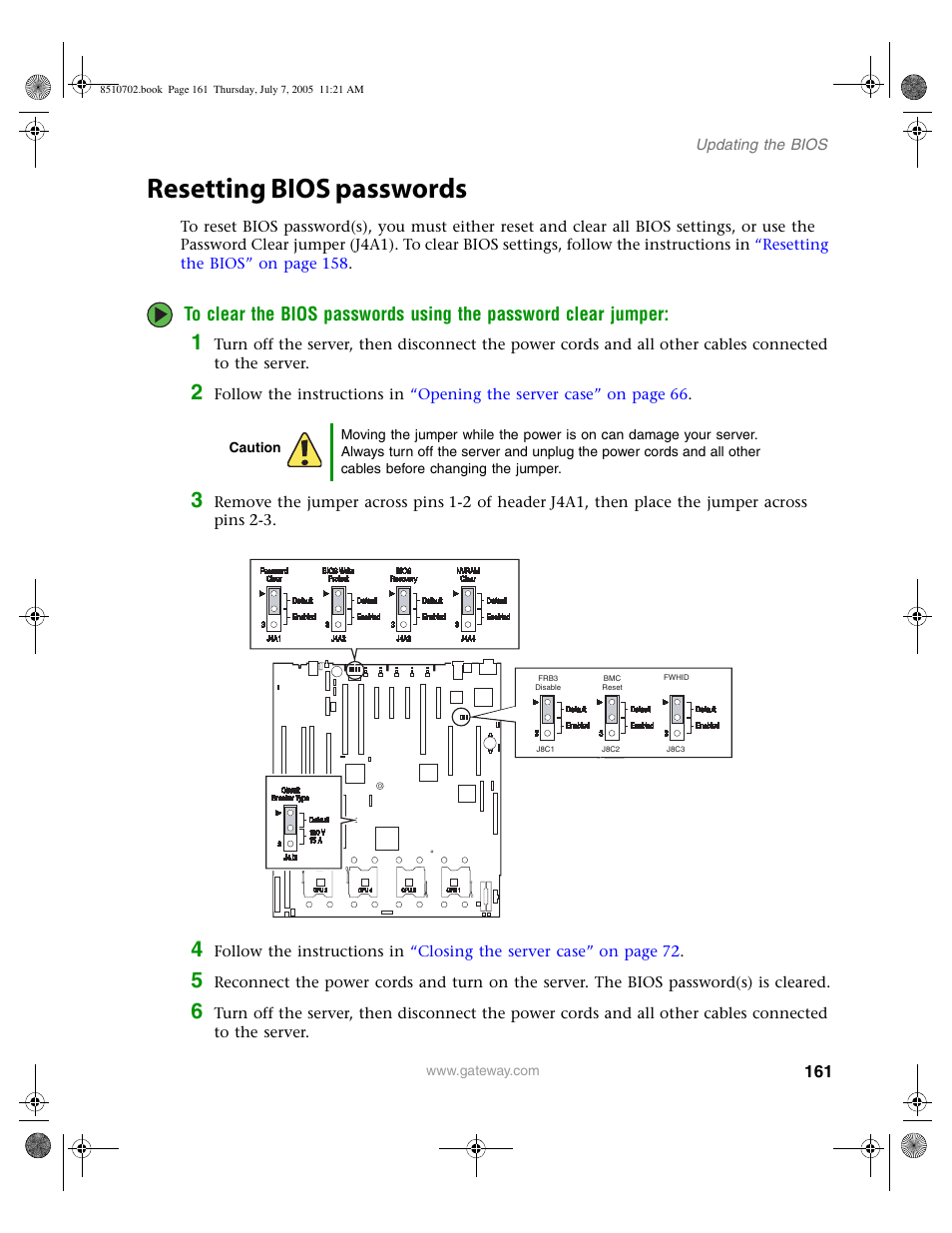 Resetting bios passwords, Ds, see, Resetting bios passwords” on | Gateway 9715 User Manual | Page 166 / 278