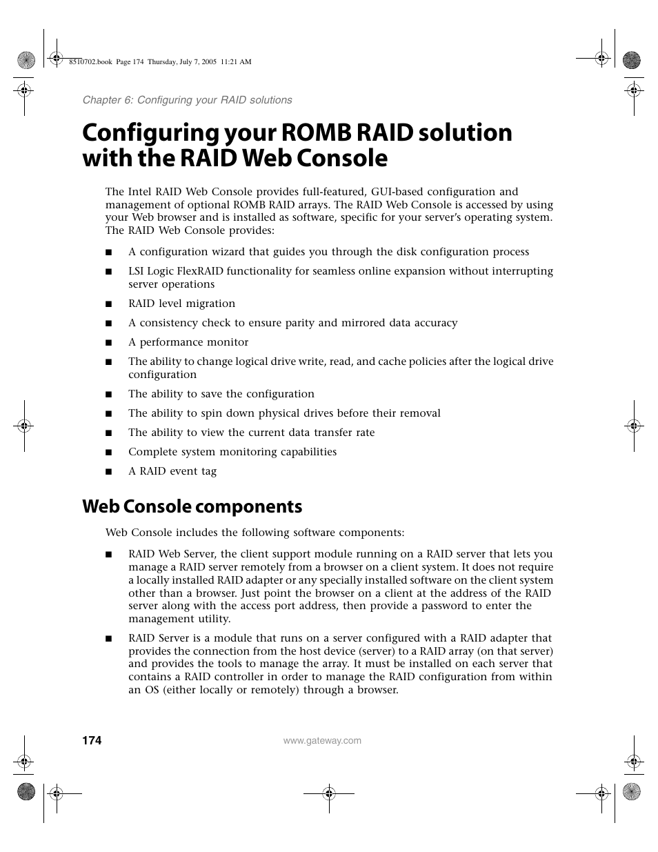 Web console components, Configuring your romb raid solution with the | Gateway 9715 User Manual | Page 179 / 278