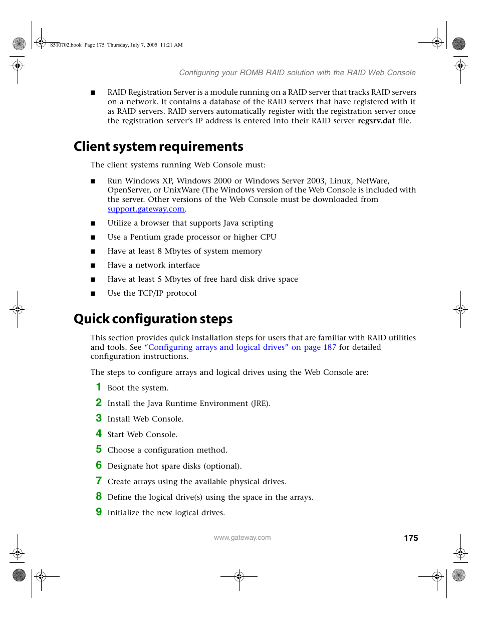 Client system requirements, Quick configuration steps | Gateway 9715 User Manual | Page 180 / 278