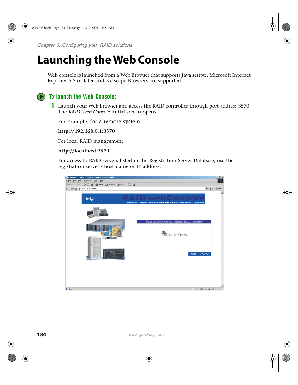 Launching the web console | Gateway 9715 User Manual | Page 189 / 278