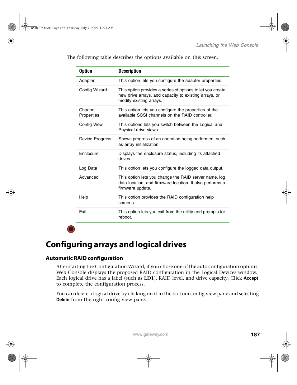 Configuring arrays and logical drives, Automatic raid configuration | Gateway 9715 User Manual | Page 192 / 278